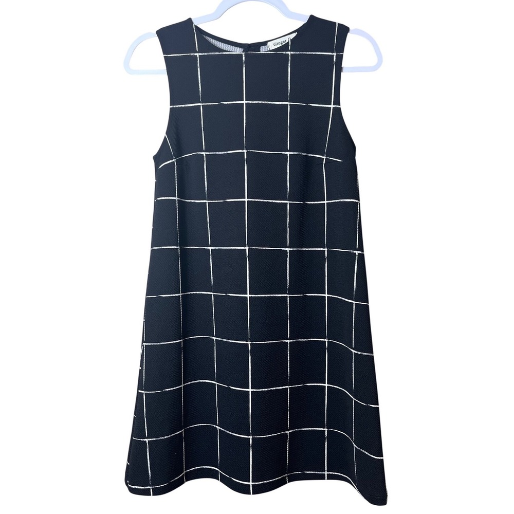 Ginger G Black White Windowpane Grid Shift Dress Size M Dark‎ Academia Mod Emo
